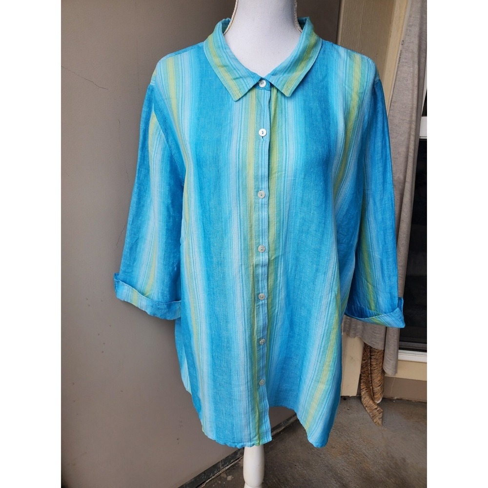 Catherines Top Womens Plus 2X Blue Green Striped Button Up Linen Blend Costal